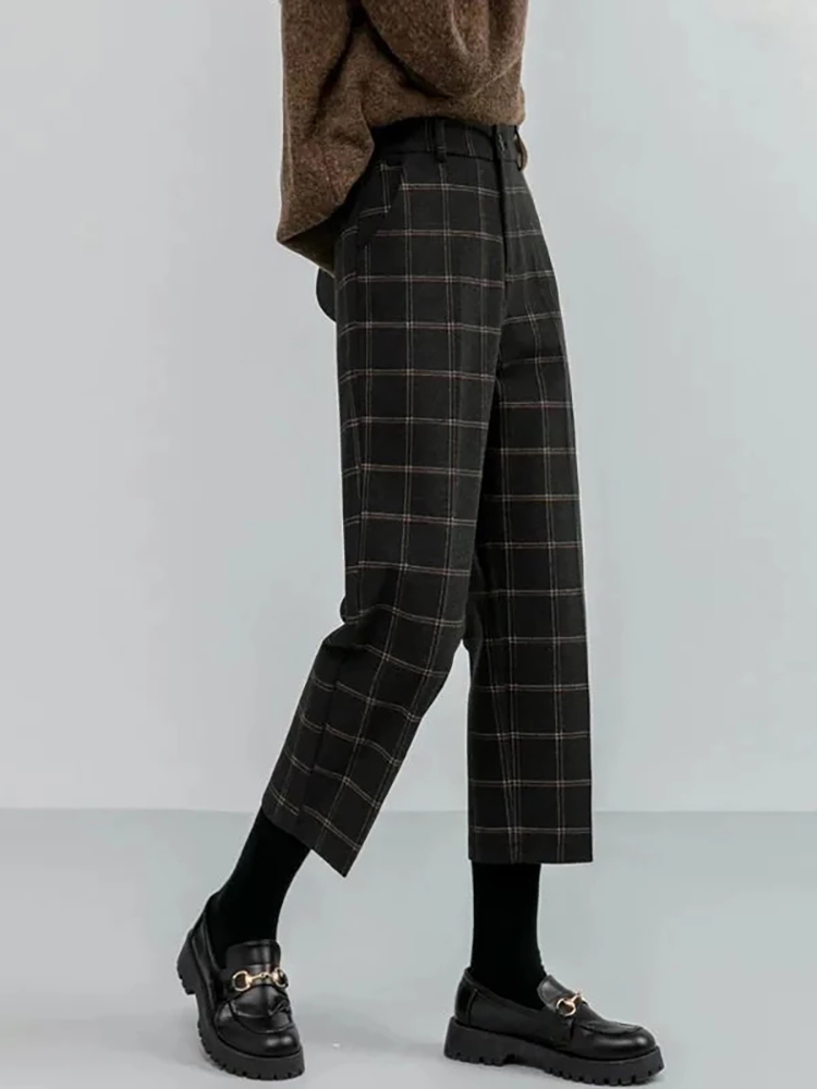 Luck A Autumn Winter Women Plaid Pencil Pants Woolen Straight Trousers Female High Waist Loose England Style Ankle-length 220325