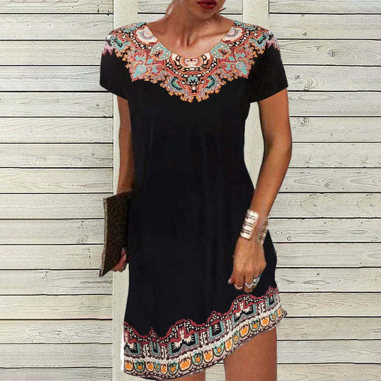 Women Casual Dresses Summer Floral Print Sundress Short Sleeve Loose Swing Shirt Dress
