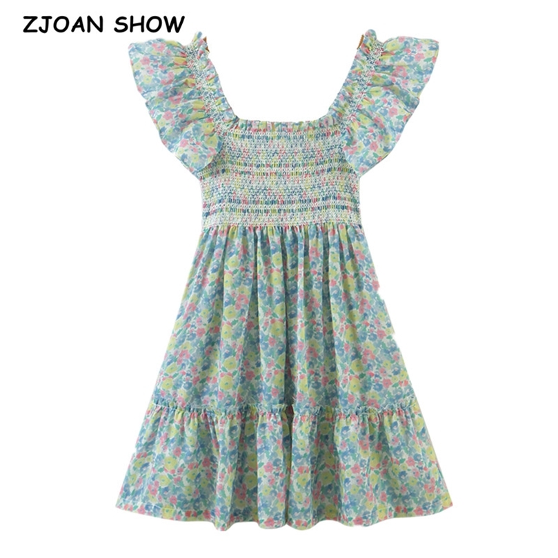 Sexy Floral Print Ruched Elastic Body Ruffle Strap Mini Dress Sleeveless Short Tank Dresses Holiday Woman Robe 220511