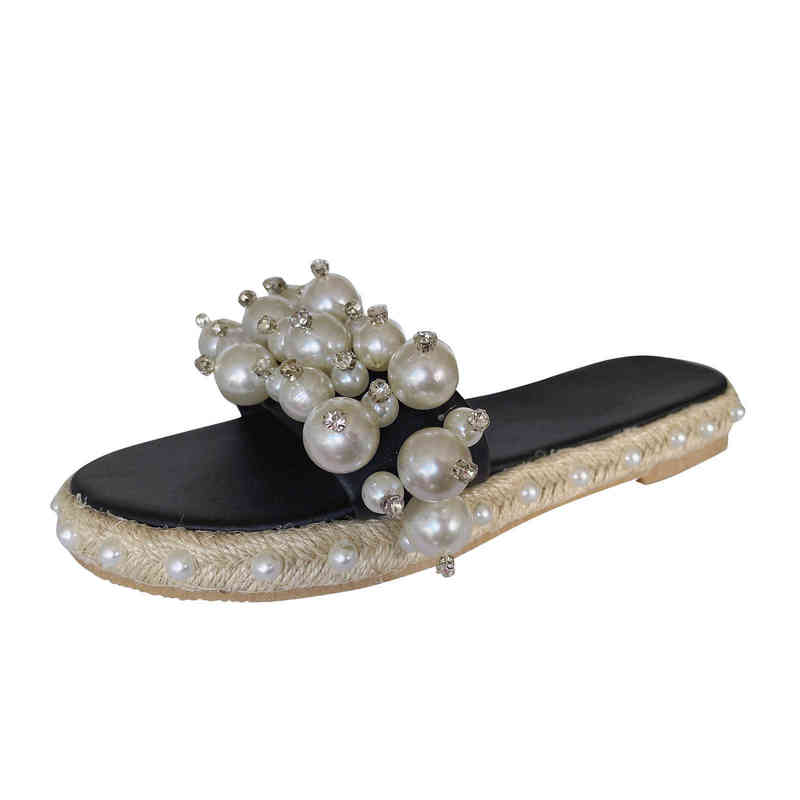 Fashion Pearl Slippers Large Size Women Flat Sandals Leisure Non-slip Slides 2022 Summer Woman Footwear Indoor Home Flip Flops Y220412
