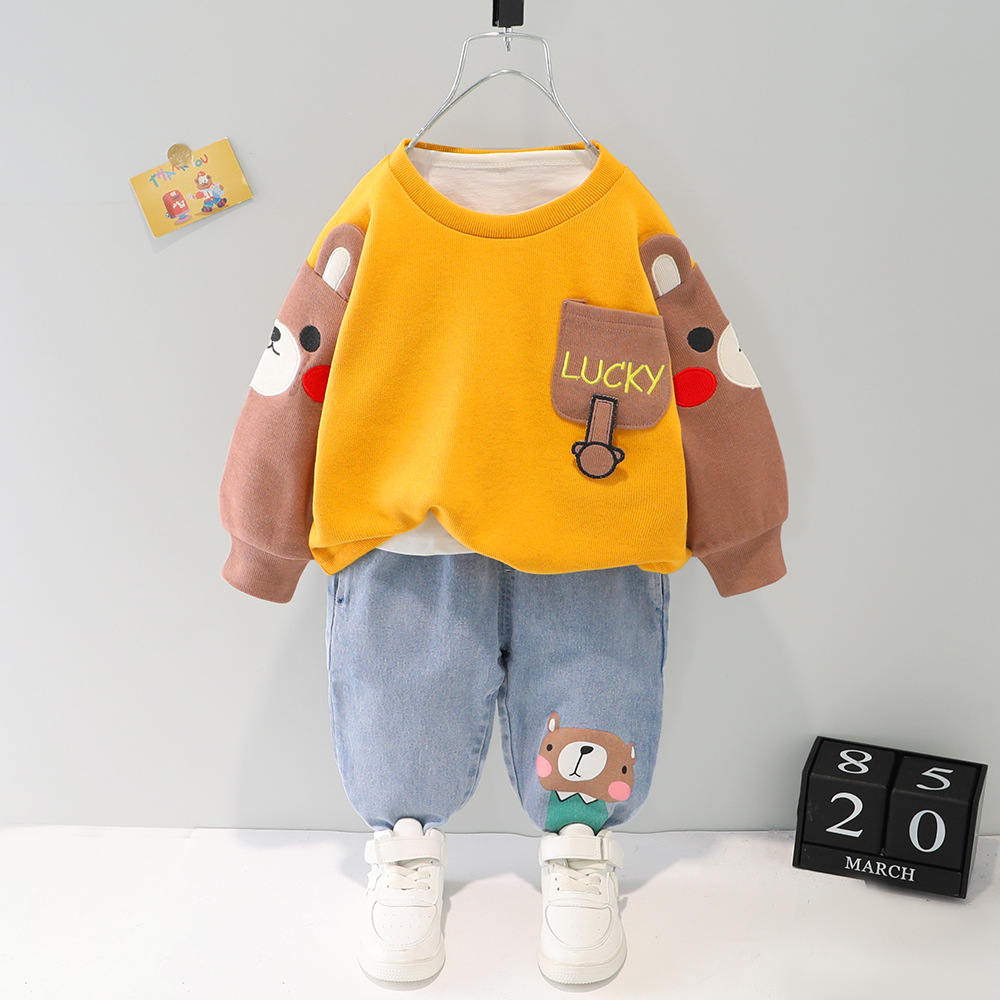 Spring Autumn Children Girls 2PCS Clothing Set Embroidery Cartoon Cotton Sweatshirts Jeans Pants Baby Girls Clothes Suit