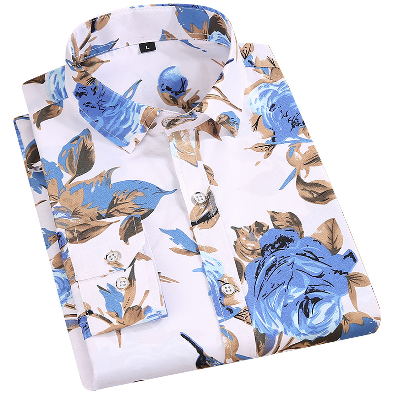 Men's Floral Print Shirts Long Sleeve Casual Flower Printing Polyester Thin Hawaiian Slim Fit Dress Shirt Men Clothing 220322