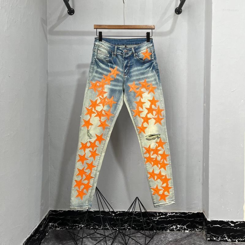 Men's Jeans Runway Male Orange Star Leather Patchwork Hole Repair Streetwear Jean Homme Ripped Men Motorcycle PantMen's Bert22, Blue
Men's Jeans Runway Male Orange Star Leather Patchwork Hole Repair Streetwear Jean Homme Ripped Men Motorcycle PantMen's Bert22, Blue