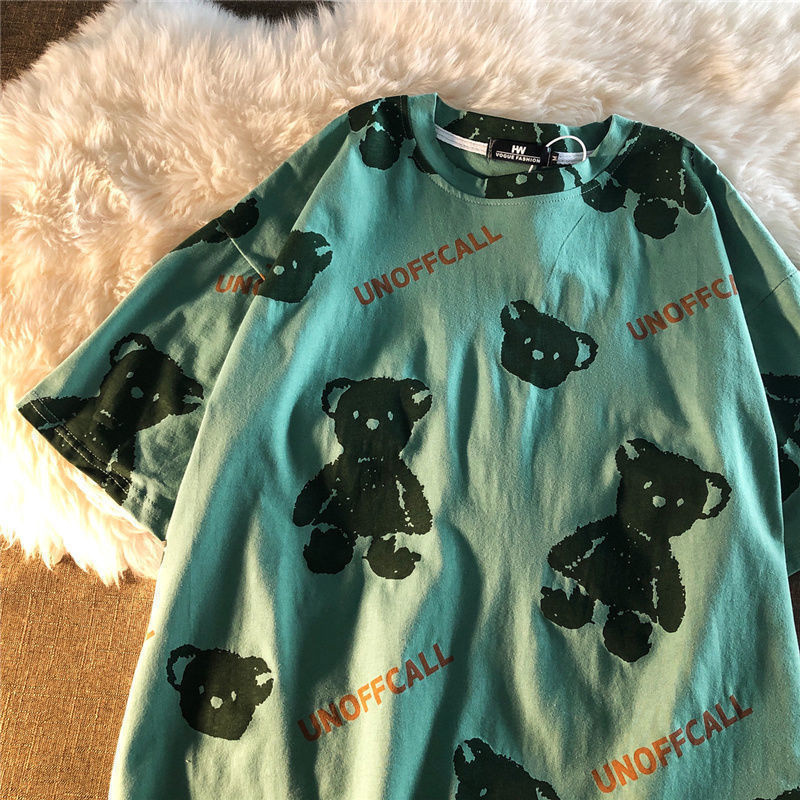 Summer Style National Full Print Cartoon Bear Kawaii ShortSleeved TShirt Female Retro Loose Harajuku Casual Oversize 220527