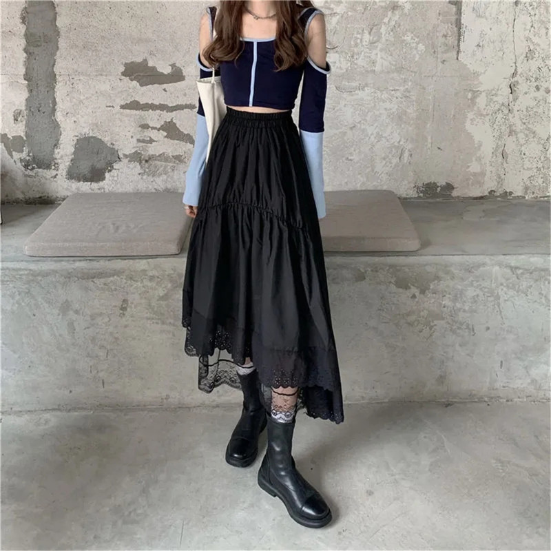 Black Gothic Lace Stitching Irregular Pleated Skirt Women White Vintage High Waist Long Skirt Korean Solid Hip Hop Streetwear 220701