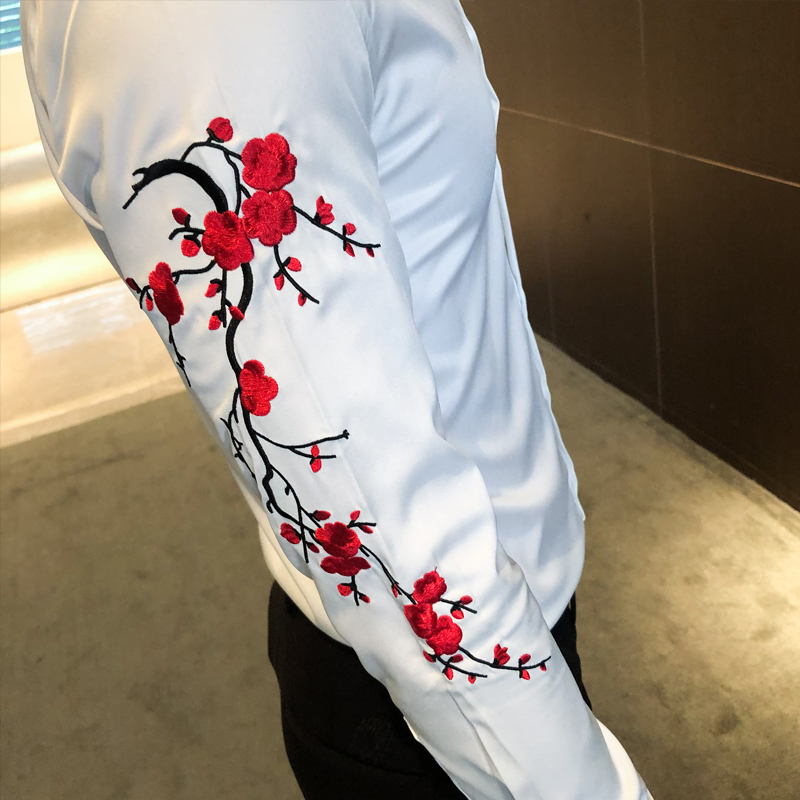 Embroidery Floral Men's Shirt Long Sleeve Business Formal Dress Casual Shirts Streetwear Social Party Bar Male Clothing Camisa 220322