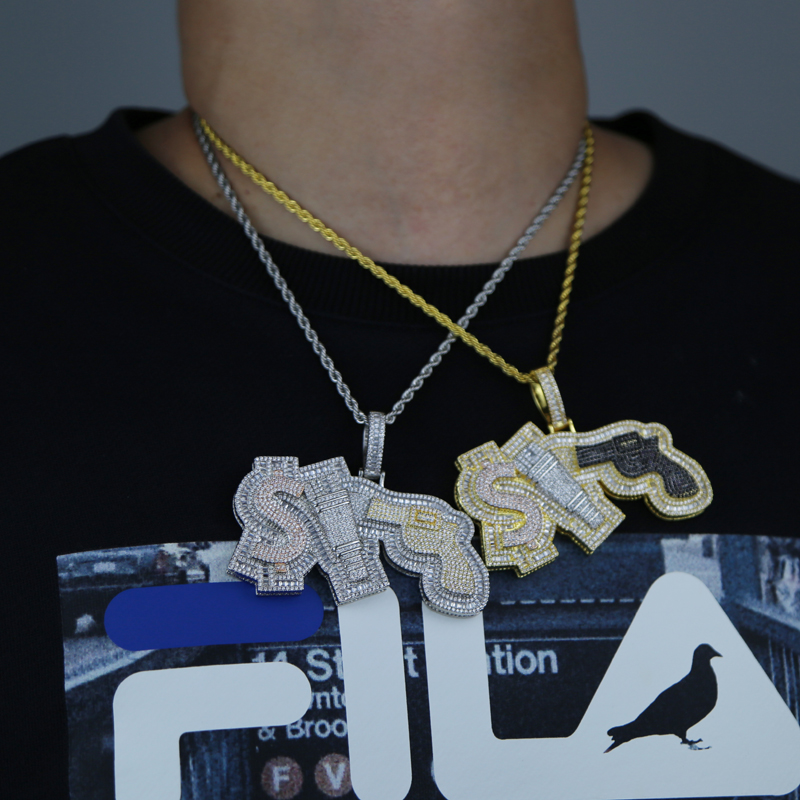 New arrived full cz paved gun pendant fit cuban tennis chain plated tow tone for men boy hip hop necklace jewelry wholesale