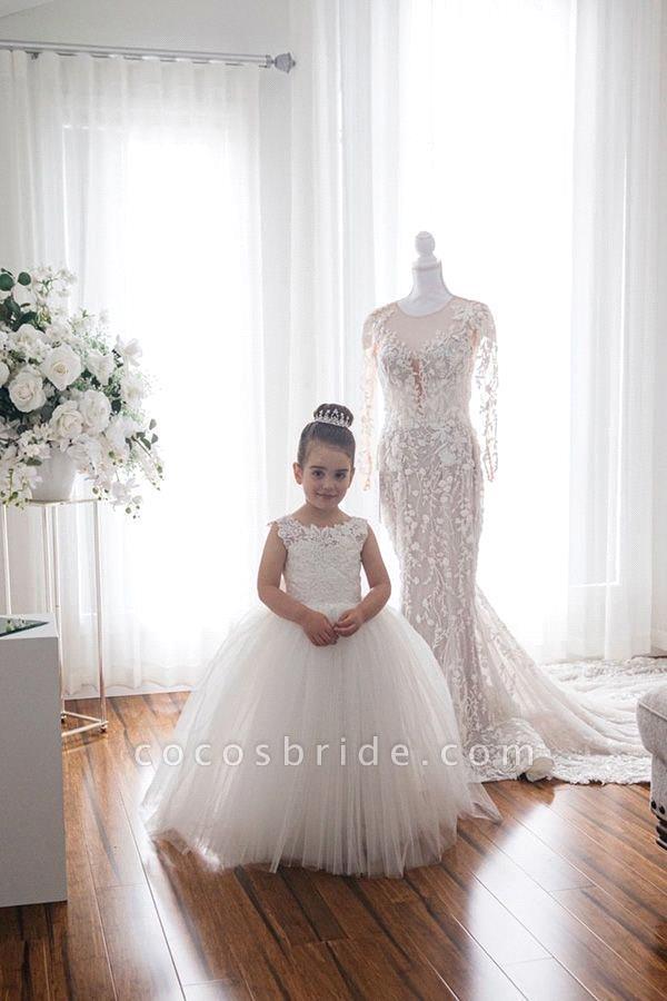 Cute White Lace Little Kids Flower Girl Dresses Princess Jewel Neck Tulle Applique Puffy Floral Formal Wears Party Communion Pageant Gown BC9309