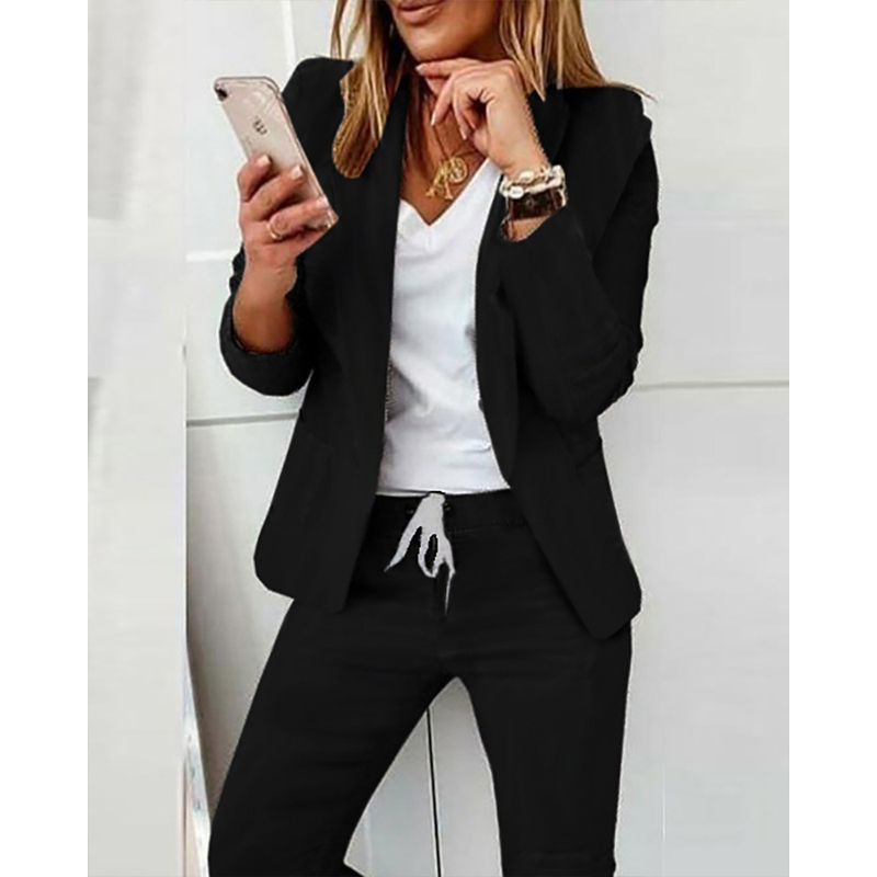 Office Lady Black Solid Lapel Neck Blazer Coat Jacket & Drawstring Ankle Length Pants 2 Piece Set Women Autumn Winter Clothes 220315