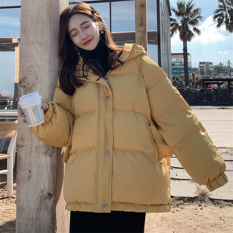 Luck A Women Fashion Winter Hooded Puffer Jacket Solid Harajuku Warm Oversize Parkas Female Korean Loose Long Sleeve Coat 201019