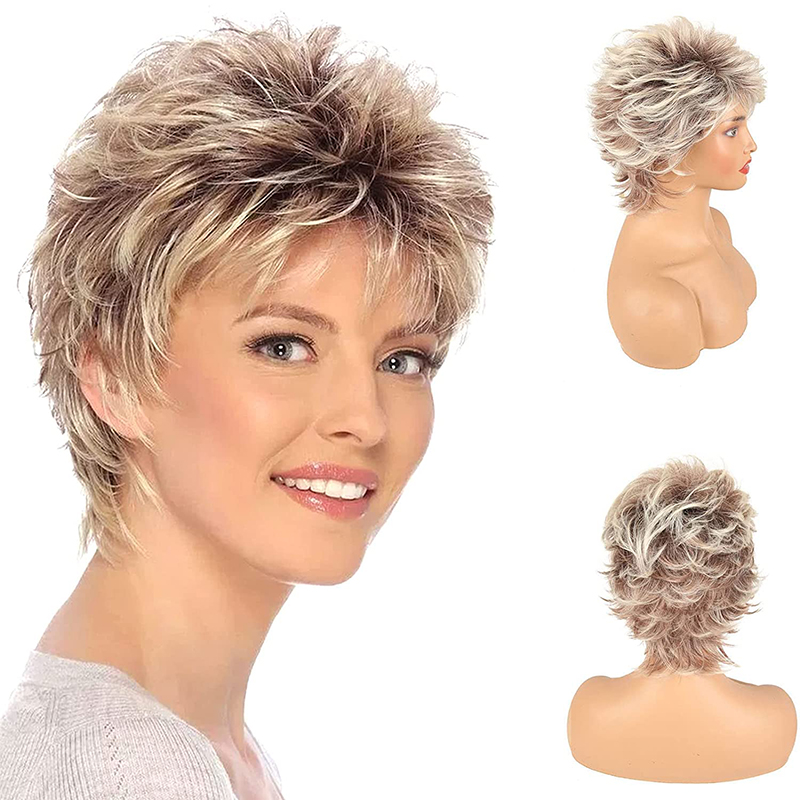 Fashion Short Blonde Wigs for White Women Pixie Cut Wigs with Bangs Brown Mixed Honey Hair Wig Highlights Synthetic