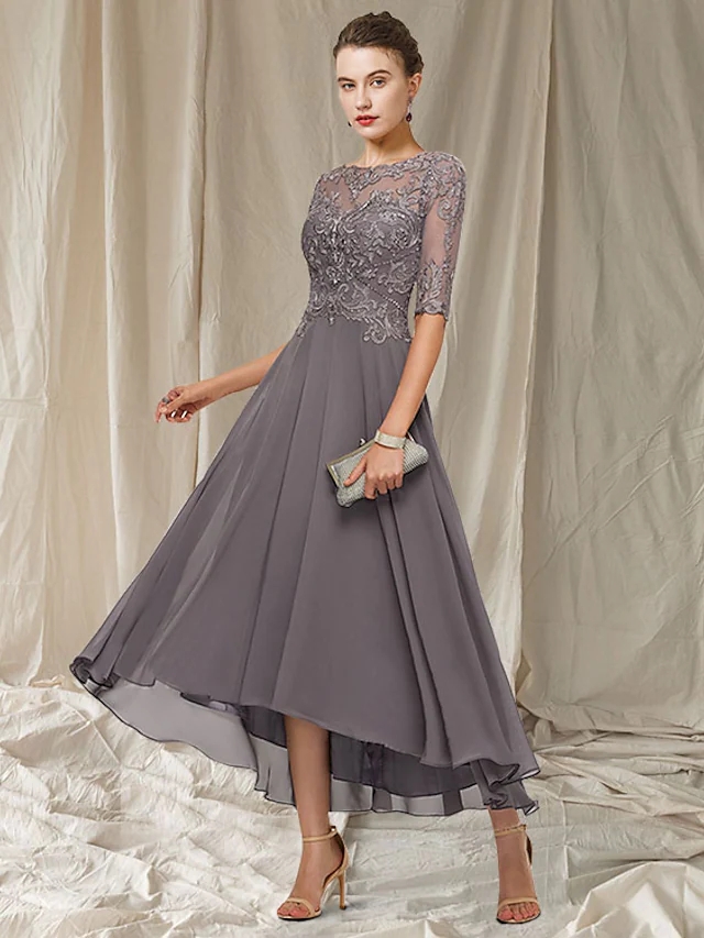 A-Line Gray Mother of the Bride Dress 2025 Vintage Jewel Asymmetrical Ankle Length Chiffon Lace Half Sleeves Robe De Soiree Vestidos Fiesta