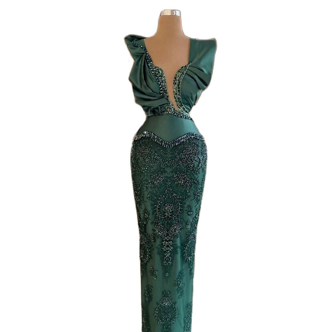 Green Beading Mermaid Evening Dress V Neck Custom Made Women Party Gown Crystal Lace Sequined Prom Robe