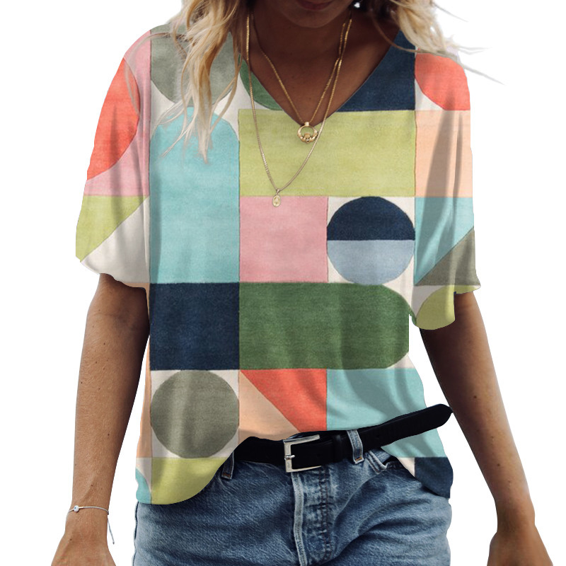 Women s Summer Cotton T shirt Abstract Graphics 3D Printing Casual Fashion Short Sleeved V neck Loose Streetwear Retro Top 220714