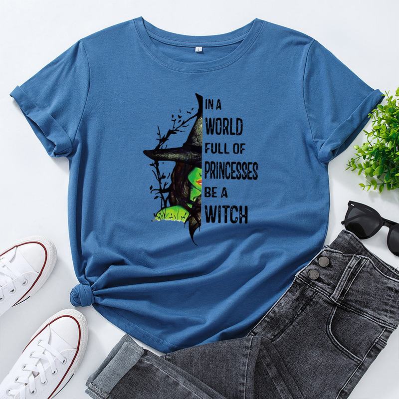 JCGO Fashion Summer T Shirts Women Casual Graphic Cotton Halloween Witch Print Female Short Sleeve Tshirt Vintage Lady Tops Tees 220321