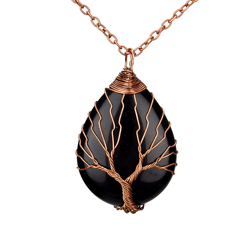 Antique Brass Wire Wrapped Tree of Life Natural Crystals Agate Pendant Necklace Healing Stone Necklaces