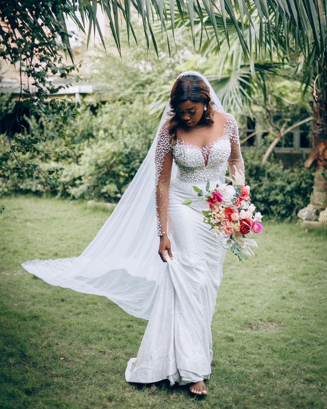 plus size arabic aso ebi luxurious mermaid sparkly wedding dress sheer neck pearls bridal gowns dresses zj330