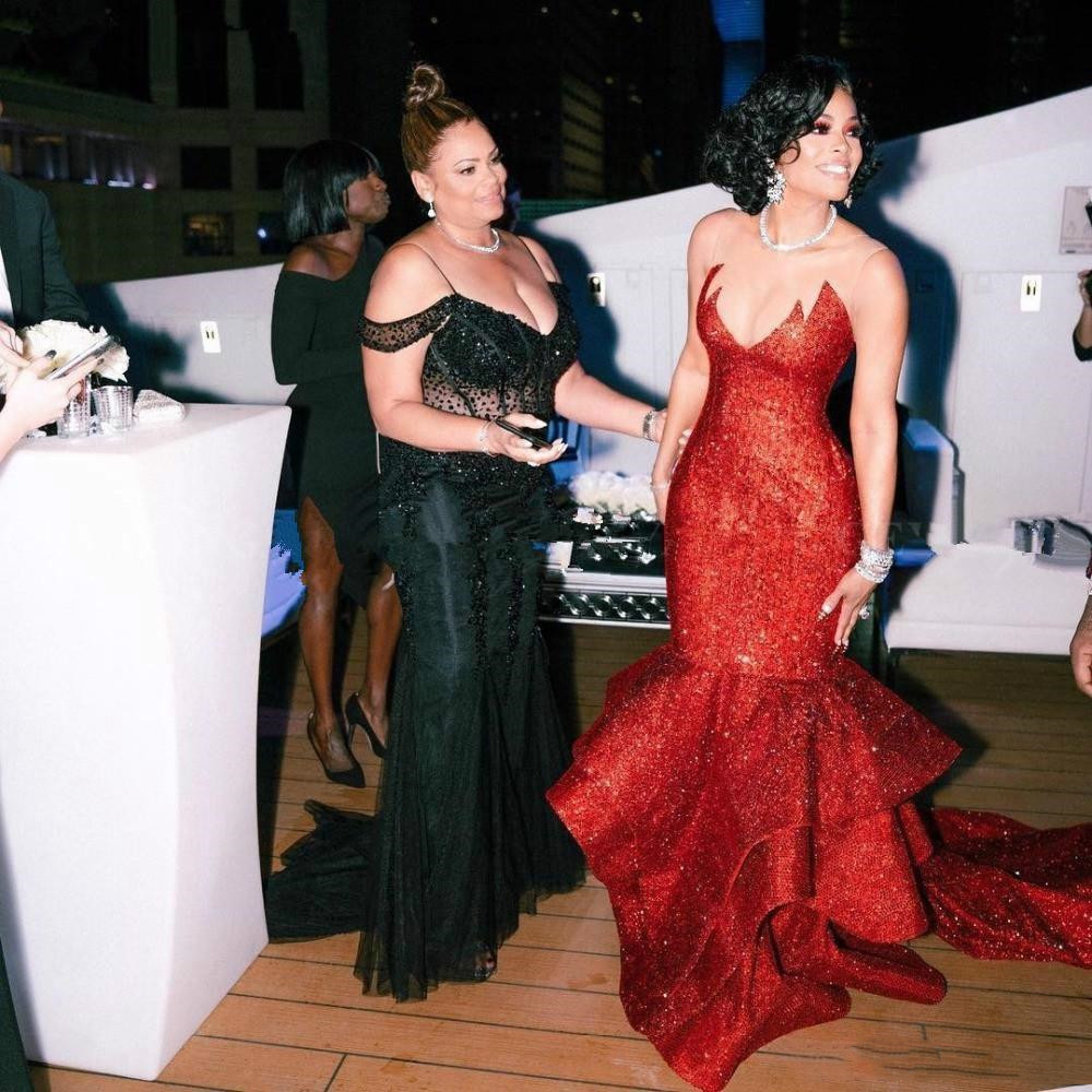 Sparkly Glitter Mermaid Evening engagement Dresses 2022 Sheer Neck Ruffles Long train sequins beaded red carpet prom met gala gowns