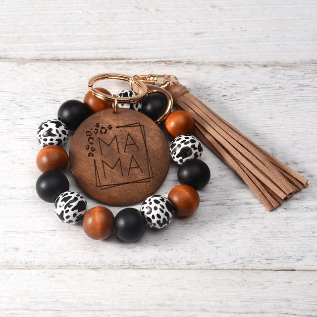 New Leopard Print Silicone Bead Keychain Fashion Bag Pendant Tassel MAMA Letters Bracelet Key Chains