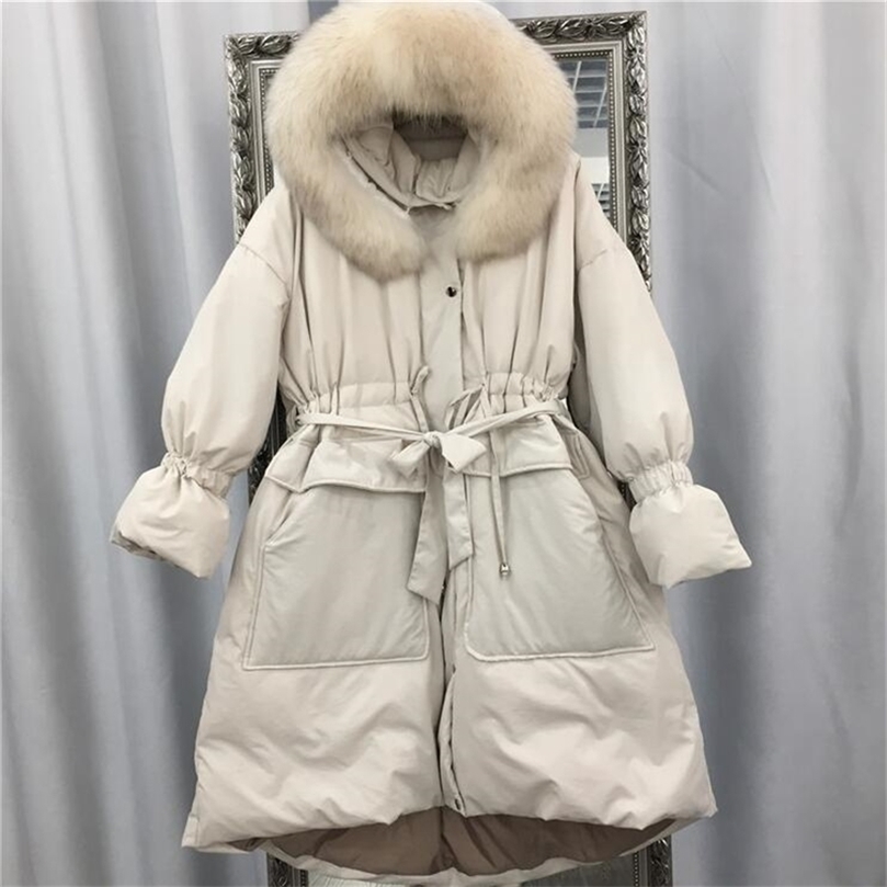 Veste d'hiver femmes rel fourrure de raton laveur col 90% blanc canard vers le bas longue Parka chaude veste femme capuche lche 201127