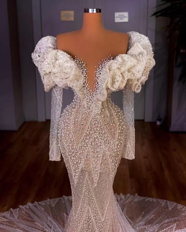 Orders Mermaid Wedding Dresses Bridal Gowns Off The Shoulder Ruffles Long Sleeve Beaded Crystal Sweep Train Robe De Marie
