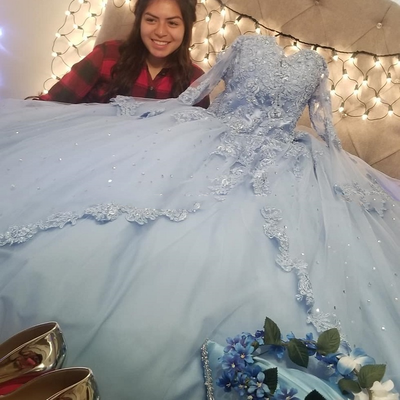 Charming Princess Quinceanera Dresses Ball Gown Bell Long Sleeve Light Sky Blue Lace Tulle Prom Debutante Sixteen Girls Sweet 16 Dress Juniors vestido
