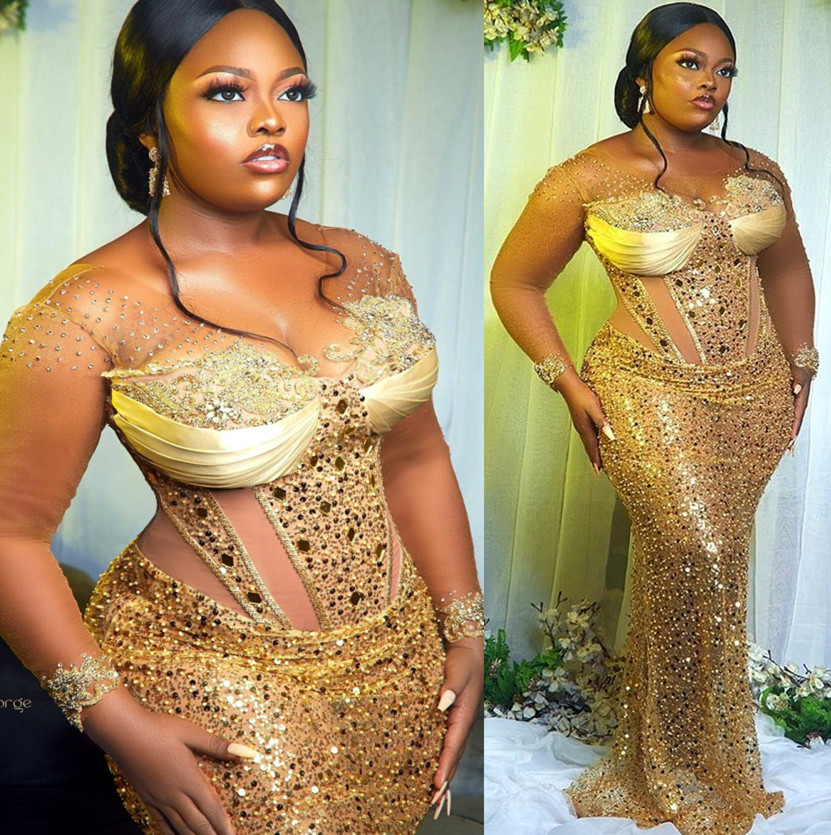 Plus Size Arabic Aso Ebi Mermaid Sparkly Gold Prom Dresses Lace Beaded Evening Formal Party Second Reception Birthday Engagement Gowns Dress ZJ Lz0304