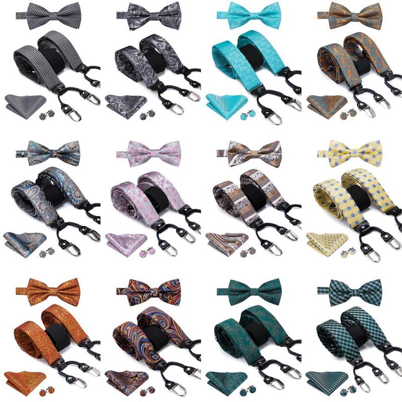 HiTie Vintage Silk Mens Suspender Set Fashion Gold Floral and Bow Tie Leather Metal 6 Clips Braces 220812
