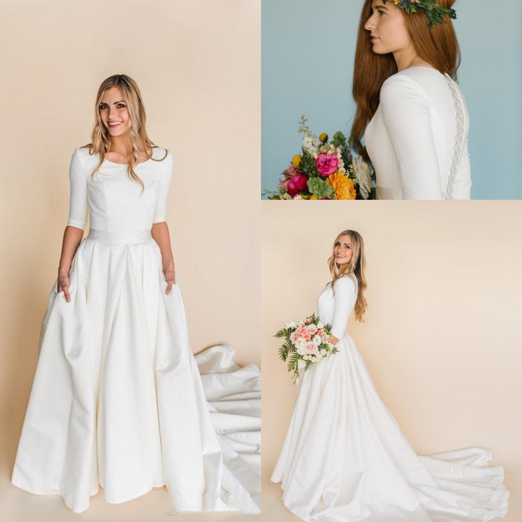 Satin Modest Wedding Dresses With 3/4 Sleeves 2022 New Corset Back Stretch Top LDS Temple beach boho Bridal Gowns Sleeved With Pockets