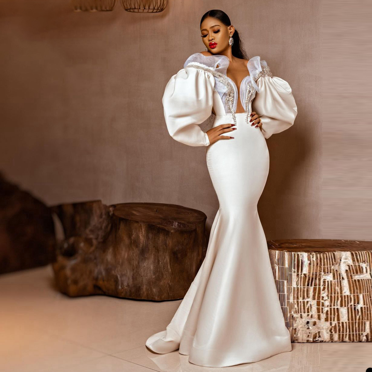 White Beads Mermaid Prom Dresses Deep V Neck Off Shoulder Tulle Evening Dress Real Image Custom Made Plus Size Gown