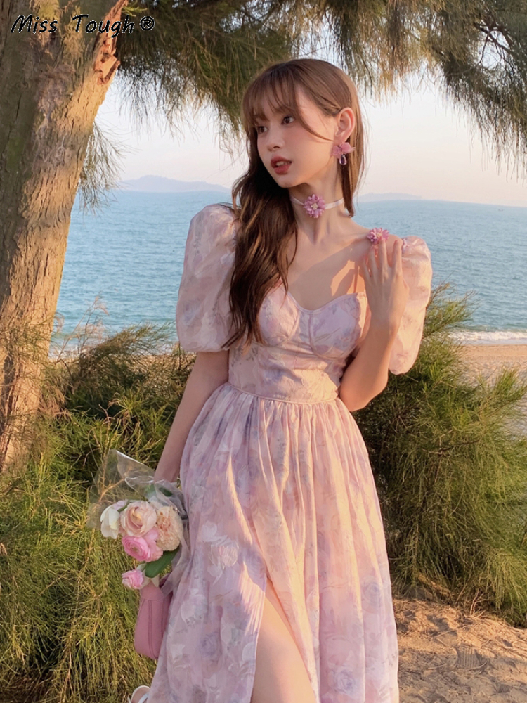 Floral Sweet France Vintage Dres Print Casual Elegant Evening Party Midi Dress Chiffon Korea Boho Beach Dress Summer 220516