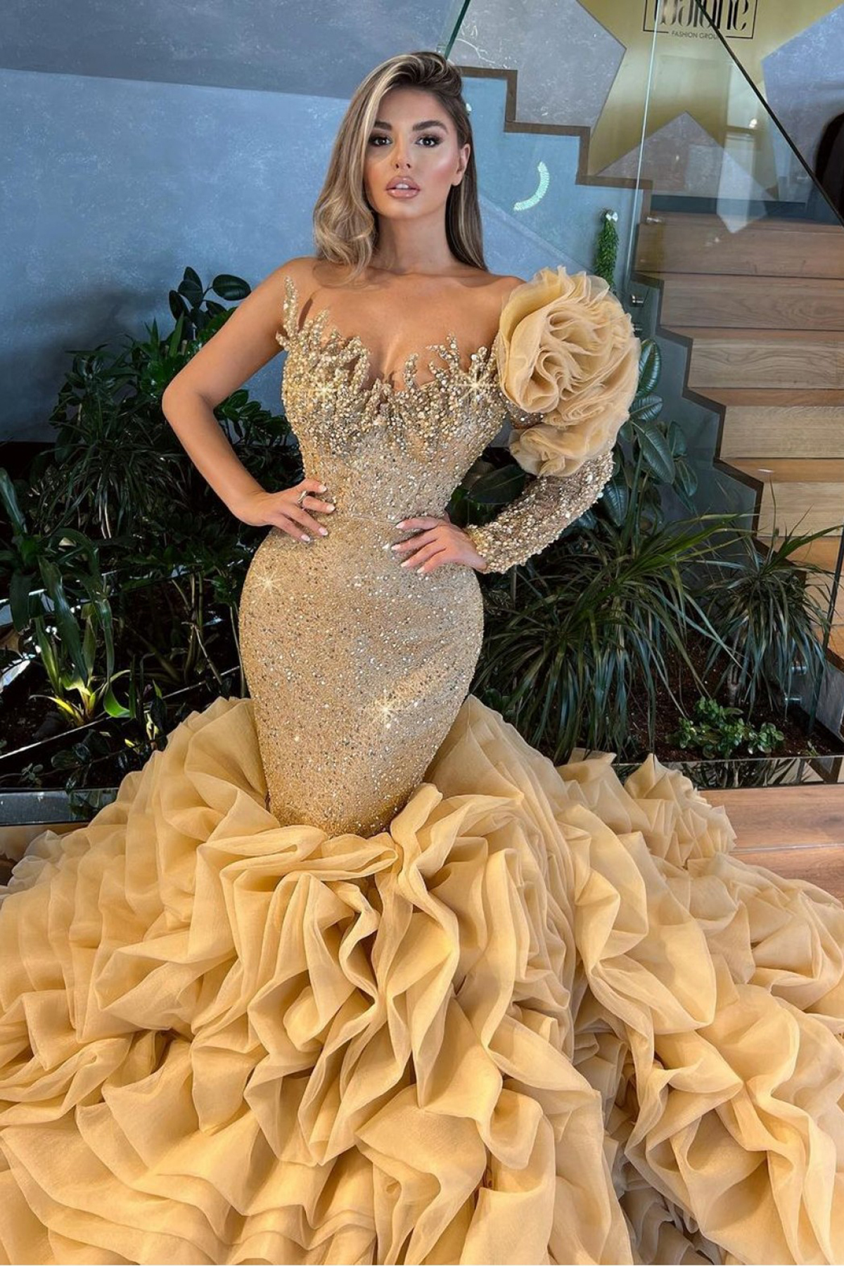 Luxurious Beads Mermaid Evening Dresses One Shoulder Tiered Ruched African Dubai Crystal Prom Dress Formal Party Gowns