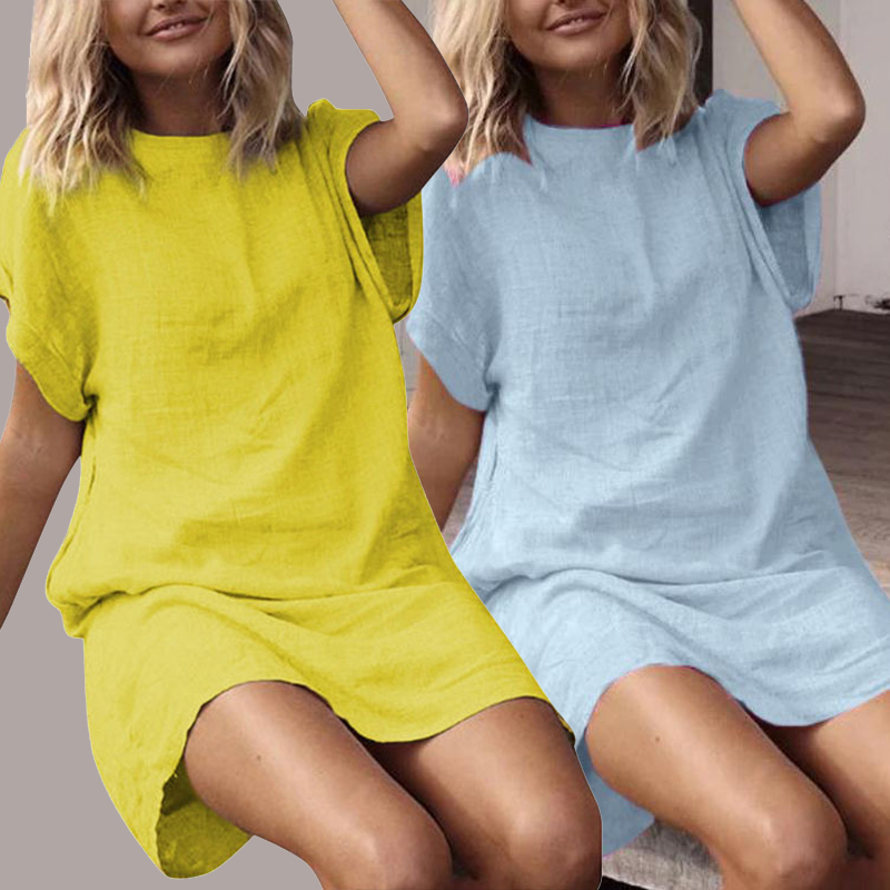 S 5XL 9Colors Loose O neck Short Dress Plus Size Causal Woman Summer Linen Blending Party Beach Club Travel Shopping Wear 220613
