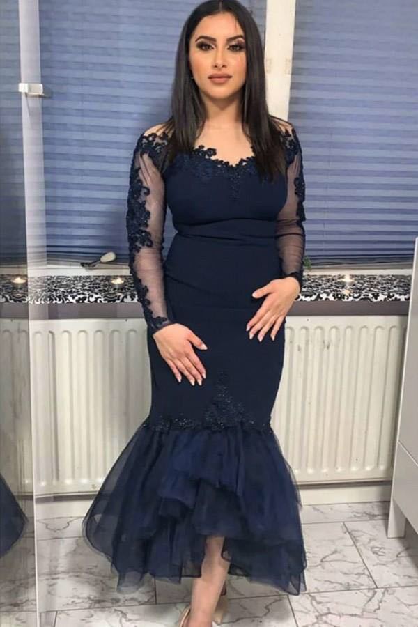 Elegant Dark Navy Tea-Length Mermaid Prom Dresses V Neck Long Sleeves Formal Evening Gowns Appliques Lace Plus Size Special Occasion Dress Women Robes