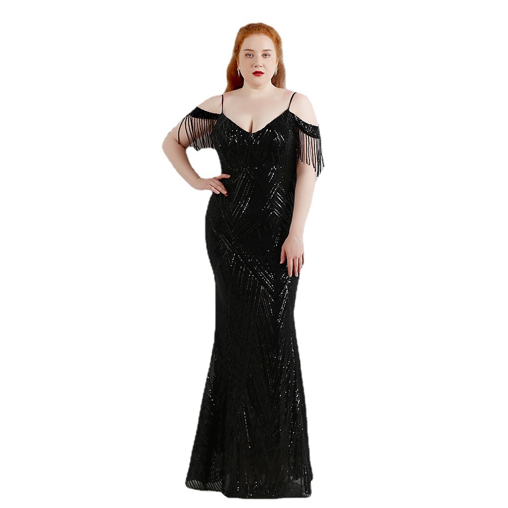 Plus Size Sequin Mermaid Evening Dress With Tassel Elegant Black White Burgundy Long Prom Dresses 2022 Spaghetti Straps Formal Robes Soiree Abendkleid