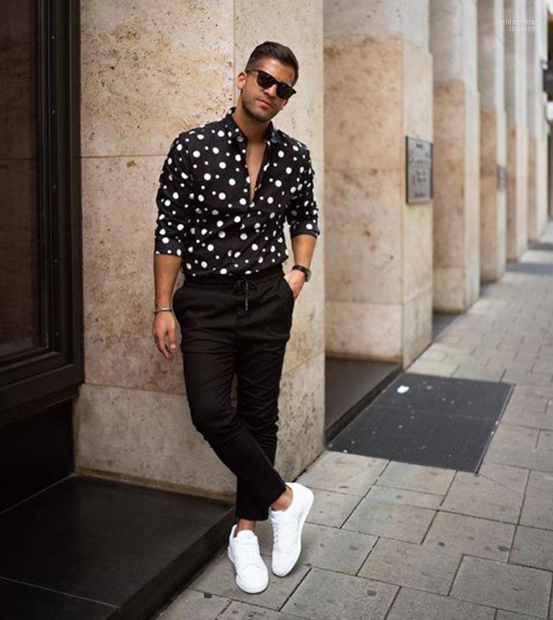 

Men's Casual Shirts Summer Selling European And American Fashion Polka Dot Lapel Long-sleeved ShirtMen's Eldd22