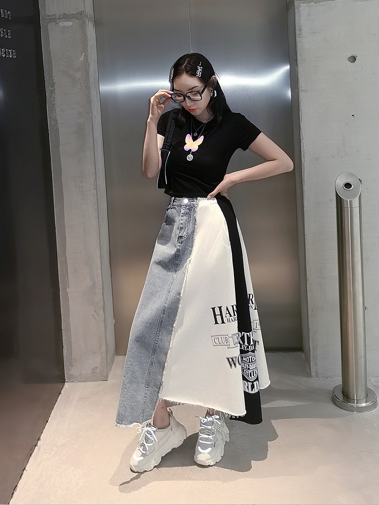 European station letter printing spell denim skirt women loose A type mid-length female temperament casual irregular 220317
