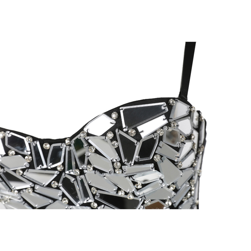 Women Summer Sexy Rave Outfit Corset with s Silver Sequin Glitter Crop Top Strass Goth Festival Clothing Drop 220325