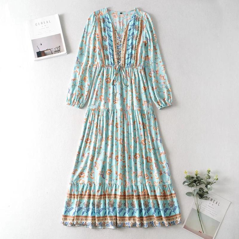 Bohemia Buttons V neck Mint Green Floral Print BOHO Long Sleeve Dress Woman Bow Strappy Lacing up Waist Holiday Dresses 220511