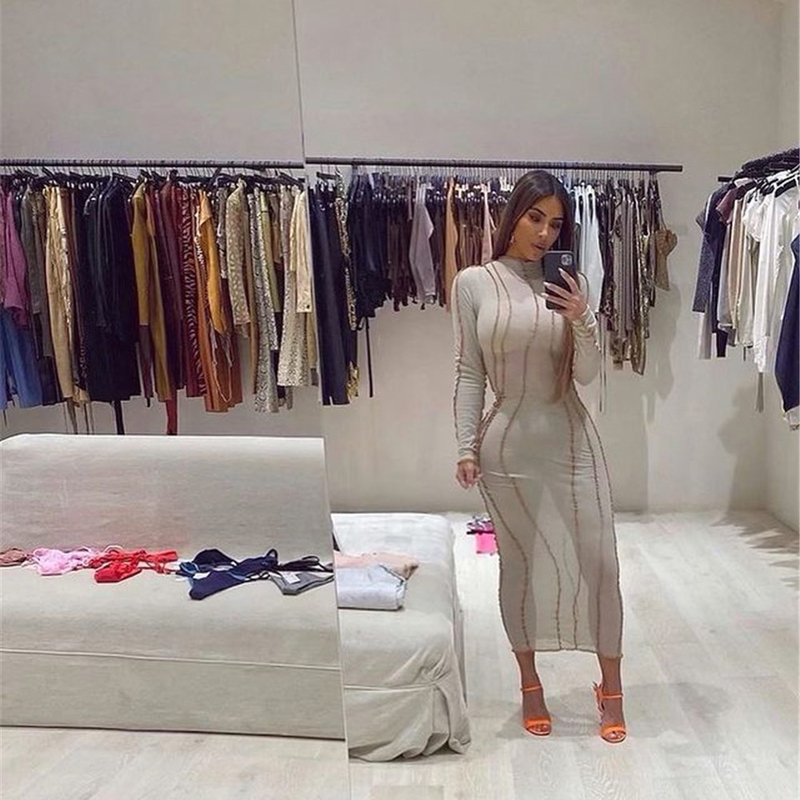 XLLAIS Elegant Stitching Stripes Translucent See Through Long Sleeve Round Neck Casual Maxi Dress For Women 220509