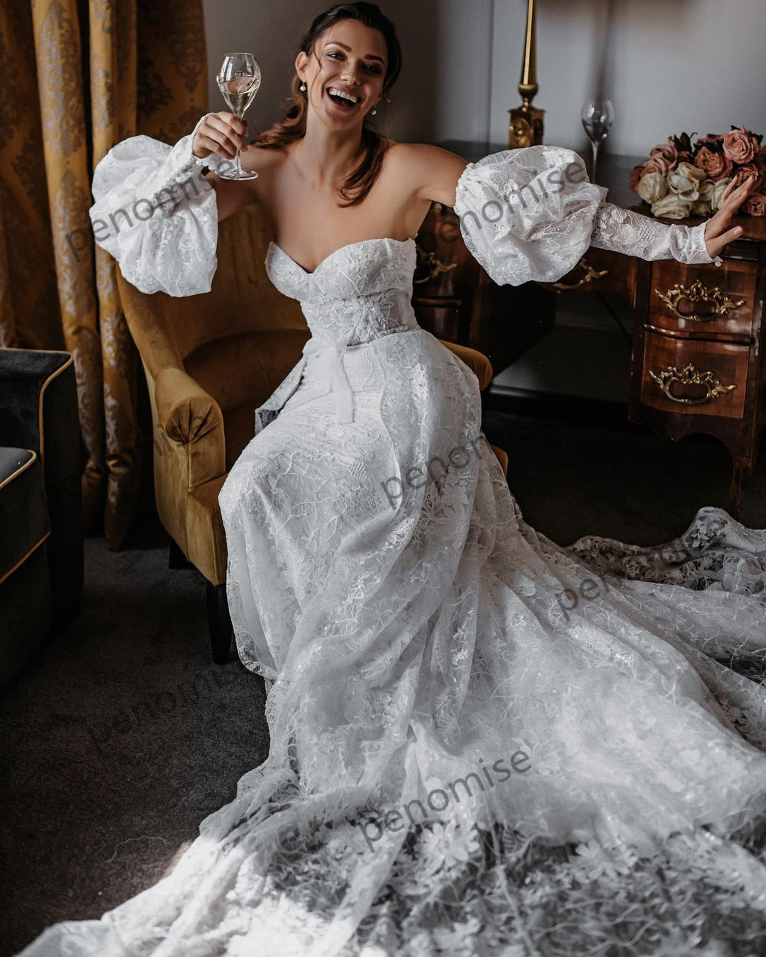 2022 Mermaid Wedding Dresses with Detachable Train Lace Sweetheart Boho Marriage Robe De Mariee Removable Long Sleeves