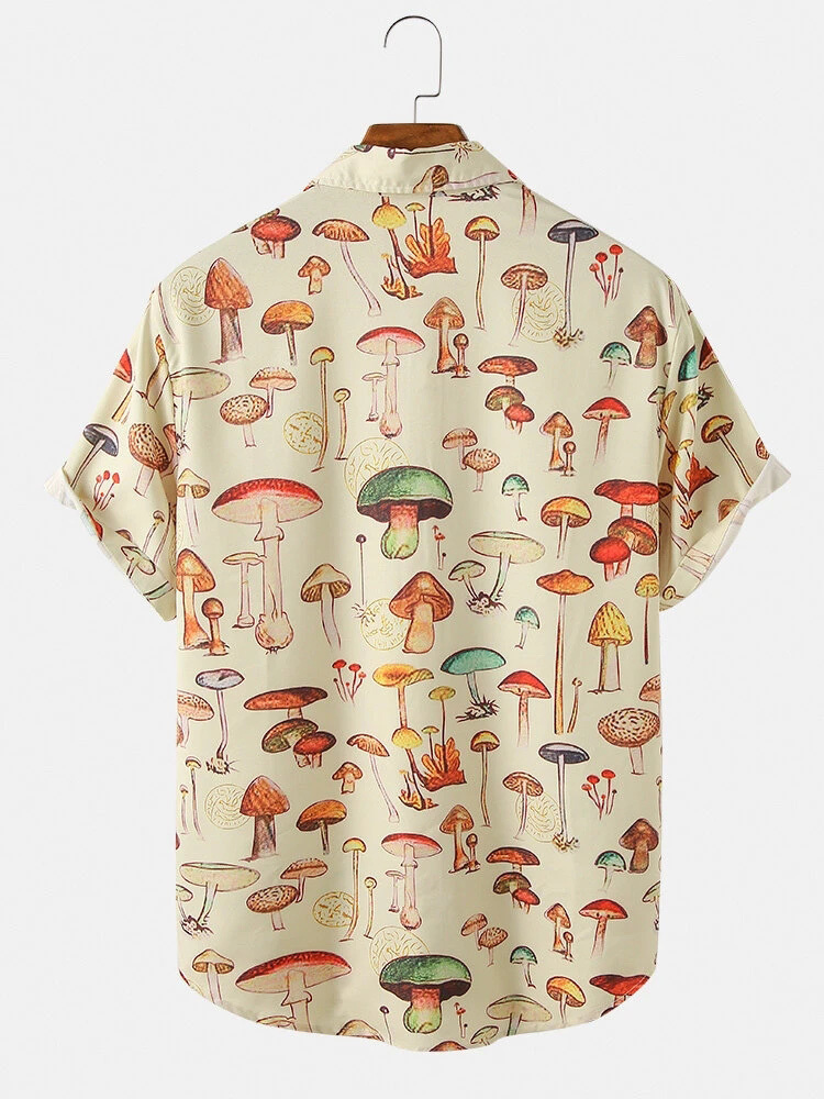 Summer Men Hawaiian Shirts Lapel Chest Pocket Short Sleeve Colorful Element Mushroom Pattern Print Button Up Casual Shirt 220322