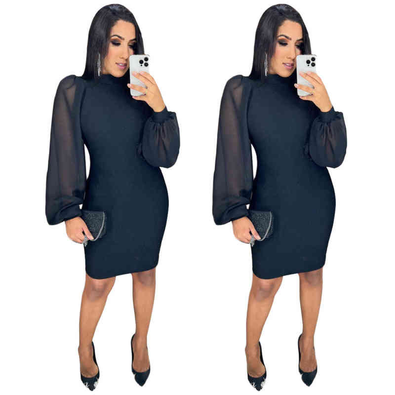 K7131 Fashion Designer Ladies Black High Neck Mesh See-through Lantern Sleeve Mid-length Dresses Hip Dresses 
K7131 Fashion Designer Ladies Black High Neck Mesh See-through Lantern Sleeve Mid-length Dresses Hip Dresses