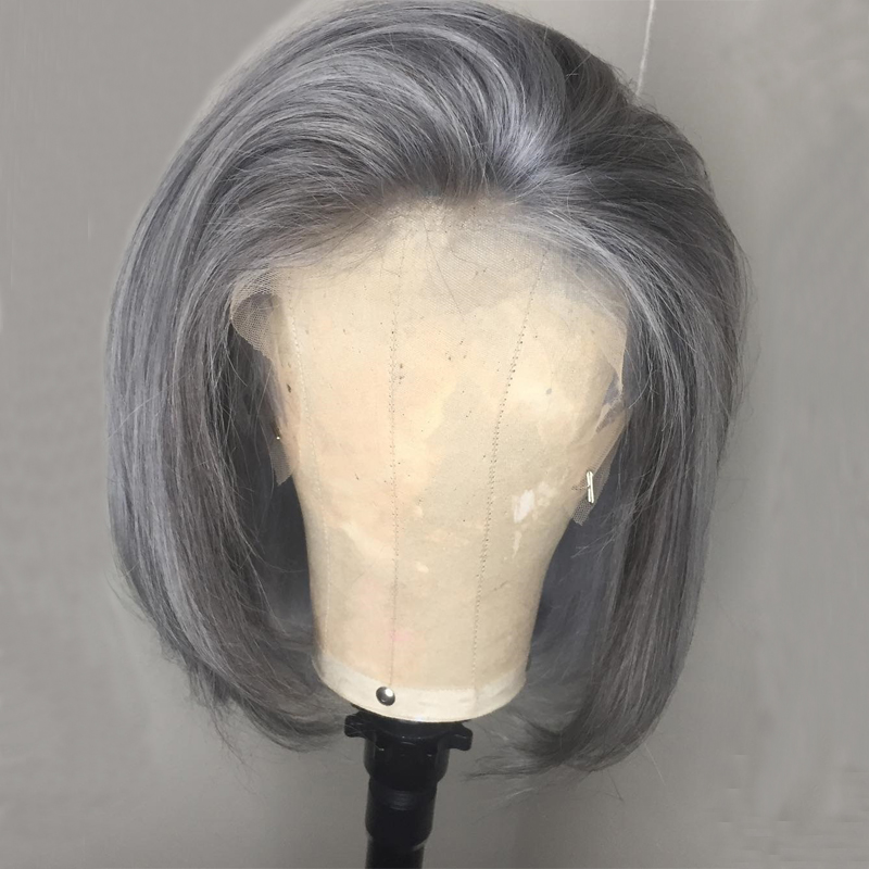 Silver Grey Short Bob Wig hd transparent perruque Lace Front Human Hair Wigs For Women Transparent gray closure Frontal Brazilian 150% density diva2