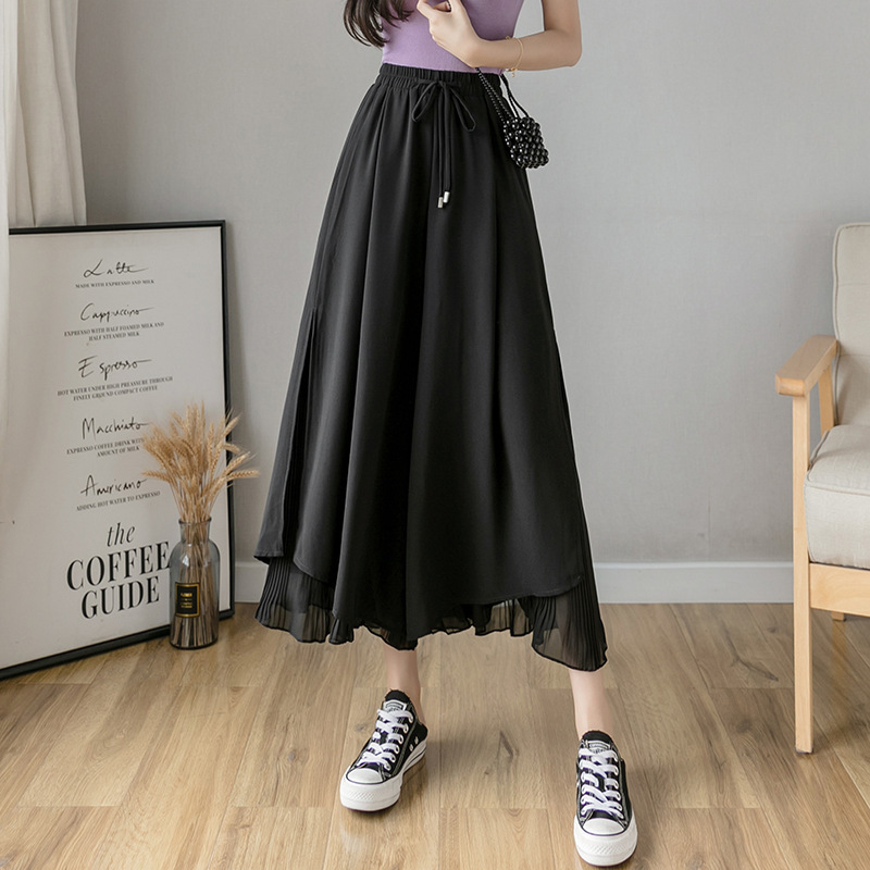 Spring Summer Style Pleated Chiffon Wide Leg Pants Fashion High Waist Drape Elegant Ankle-length Pants Skirt Trousers