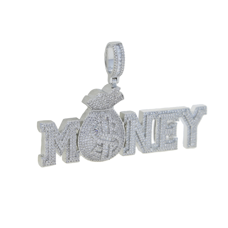Gold Silver Color MONEY BAG Letter Pendant with Rope Chain Iced Out Cubic Zirconia Pendants Hip Hop Jewelry Gift for Women Men