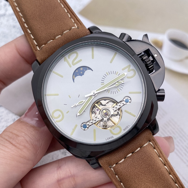 Five stitches series tourbillon automatic mechanical watch high quality Top brand leather strap Deluxe fashion Wear resistant mineral mirror Diameter 44mm