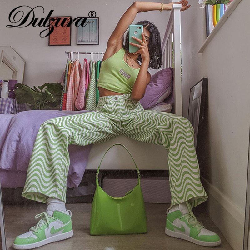 Dulzura Ripple Print Women High Waist Wide Leg Pants Jeans Loose Streetwear Casual Fashion Summer Clothes Bottoms Trousers 220325