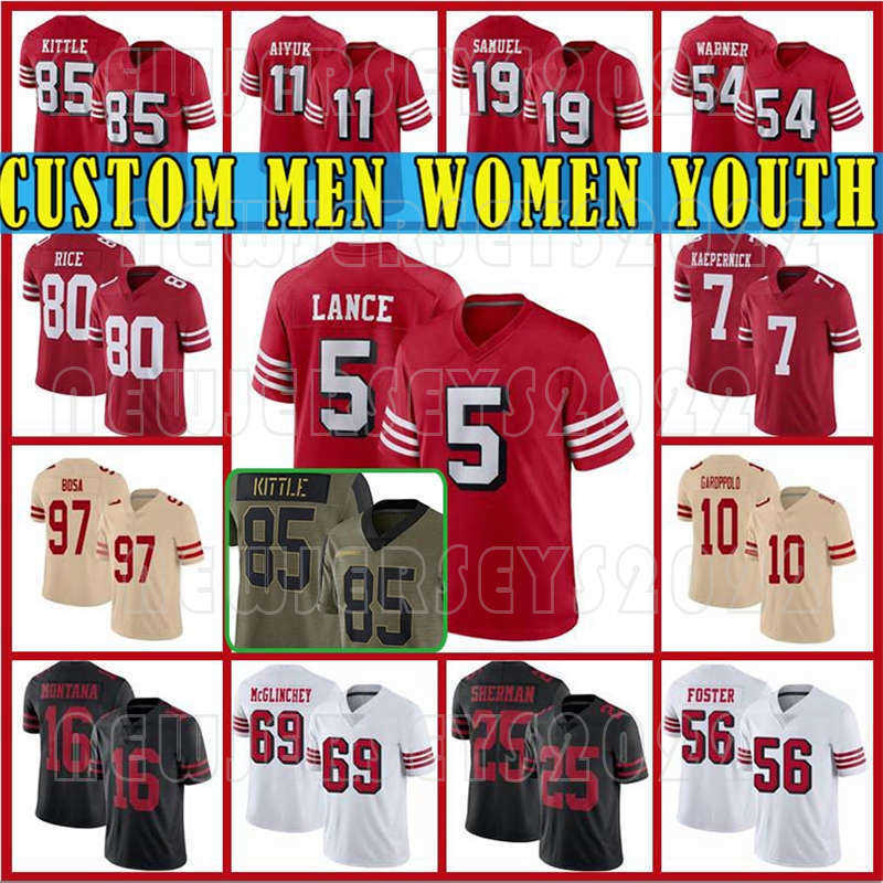 Mens 5 Trey Lance Custom 10 Jimmy Garoppolo 49er Jersey 85 George Kittle Francisco Football 97 Nick Bosa 80 Jerry Rice 16 Montana San 7