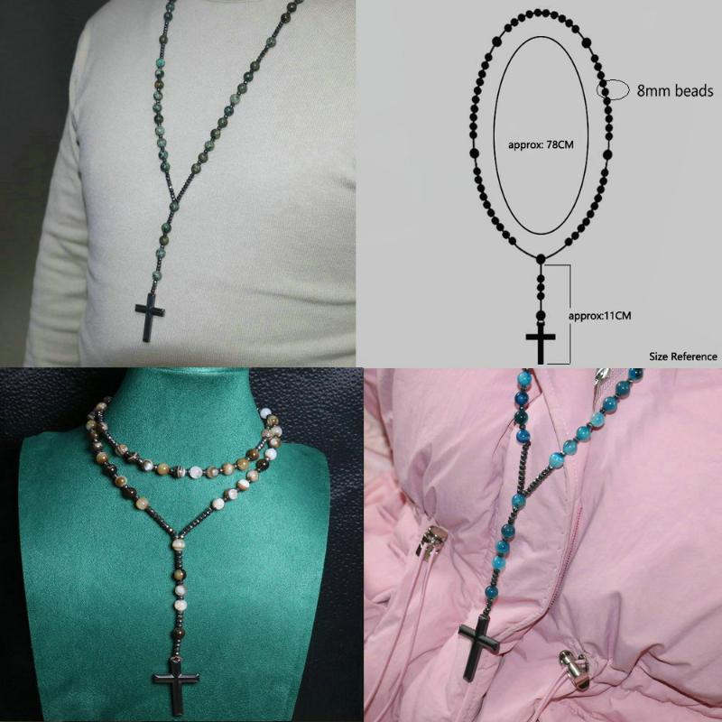 Pendant Necklaces Natural Tiger Eye Beaded Necklace For Women Men Catholic Christ Rosary Hematite Cross Male JewelryPendant